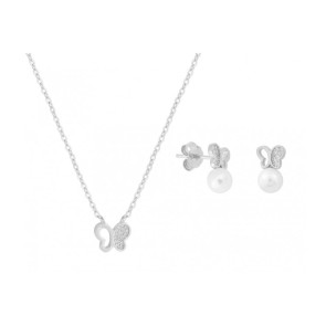 Conjunto mariposa plata, circonitas y perlas
