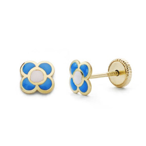 PENDIENTES ORO AMARILLO FLOR AZUL. 6X6 MM