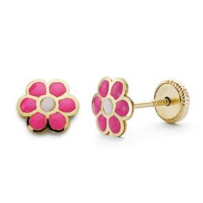 PENDIENTES ORO AMARILLO MARGARITA ROSA 6X6 MM