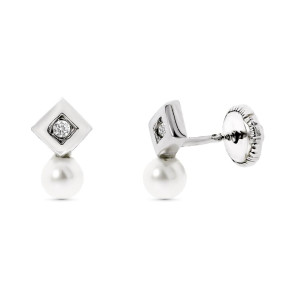 PENDIENTES ORO BLANCO CON DIAMANTES Y PERLA CIERRE ROSCA