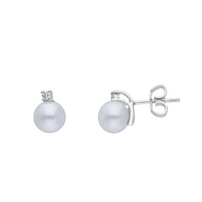 Pendientes oro blanco,perla 7,5-8 mm y diamantes