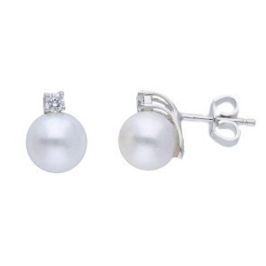 Pendientes oro blanco,perla 8-8,5 mm y diamantes