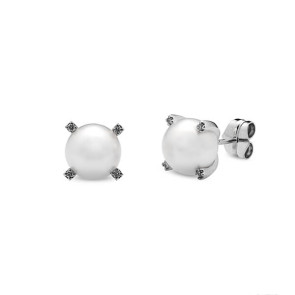 Pendientes oro blanco,perla 9 mm y diamantes